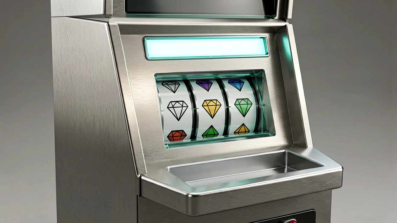 သံမဏိ slot စက် တစ်လုံးကို ဘေးထောင့်မှ ရိုက်ထားပြီး reel သုံးလုံးရှိ အစိမ်းရောင်၊ အဝါရောင်၊ အပြာရောင်နှင့် လိမ္မော်ရောင် စိန်သင်္ကေတများနှင့် အထက်ရှိ အလင်းရောင် ဘားကို မြင်ရသည်