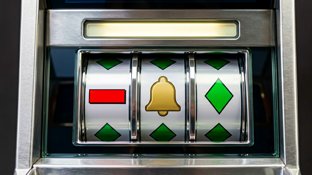 သံမဏိ slot စက်၏ reel သုံးလုံးတွင် အနီရောင် စတုဂံ bar၊ အဝါရောင်ခေါင်းလောင်းနှင့် အစိမ်းရောင် စိန်သင်္ကေတများ မြင်ရပြီး အထက်တွင် အလင်းရောင် ဘားတစ်ခု ရှိသည်