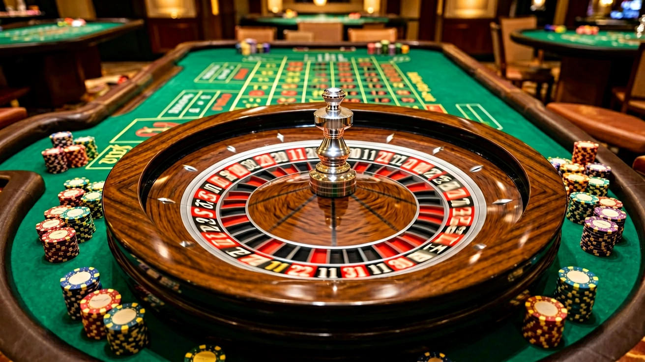 ကာစီနိုတွင် Roulette bettering table ပေါ်ရှိ Roulette wheel နှင့် Chip များကို ရိုက်ကူးထားသော ပုံ