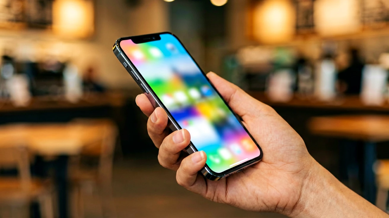 လက်ဖြင့် Mobile ဖုန်းကို ကိုင်ဆောင်ထားပြီး App Icon အရောင်စုံများ ပြသနေသော ပုံ