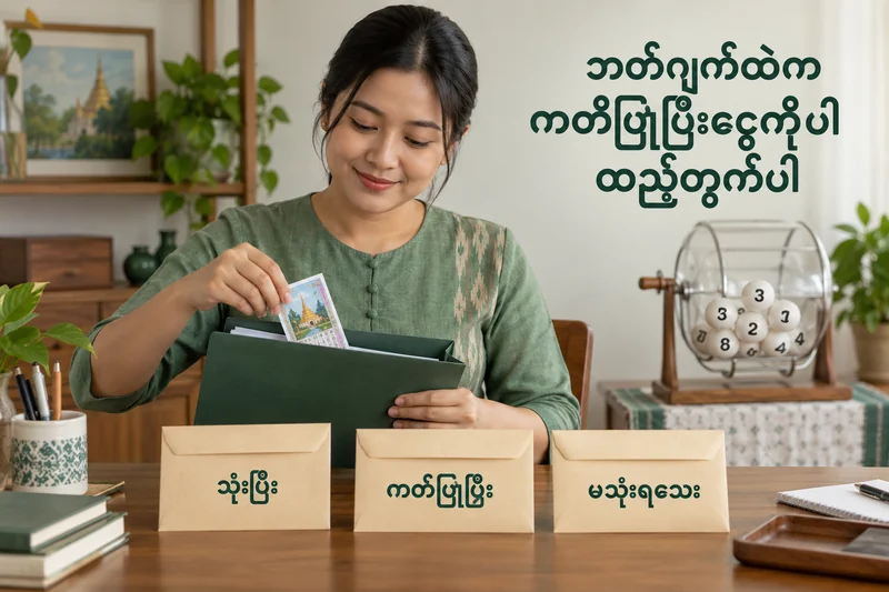 ထီဘတ်ဂျက် 5,000 ထဲမှာ သုံးပြီး၊ ခွဲထားပြီး၊ မသုံးရသေးငွေ ဘယ်လိုခွဲမလဲ — စိတ်ကူးထီဆိုင်ရာ သရုပ်ဖော်ပုံ။