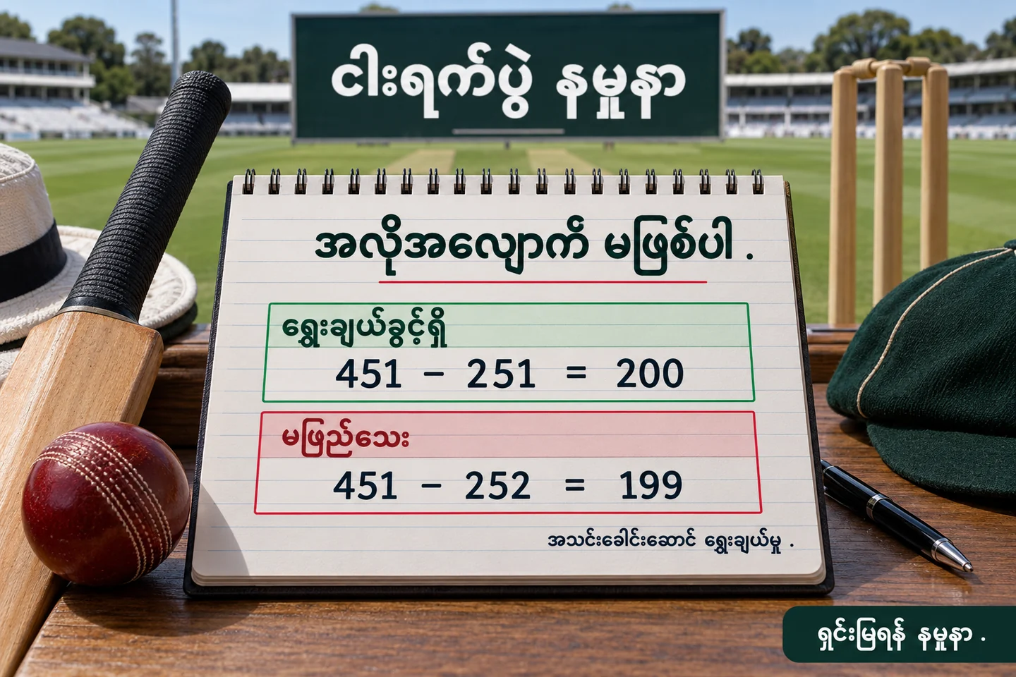 ၄၅၁−၂၅၁=၂၀၀ နှင့် ၄၅၁−၂၅၂=၁၉၉ ကို နမူနာနှစ်ခုဖြင့် ခွဲထားပုံ