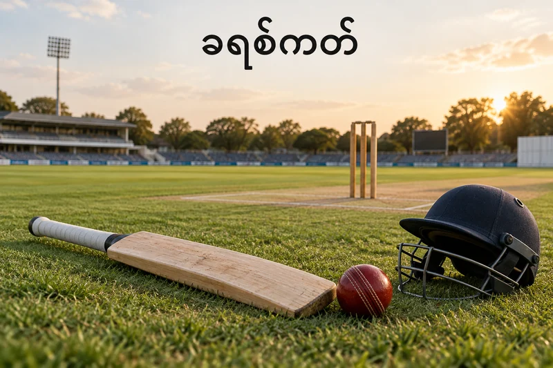 ခရစ်ကတ်ကွင်းပေါ် bat၊ ဘောလုံးနှင့် wicket ကို ပြထားသော သရုပ်ဖော်ပုံ
