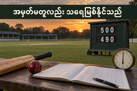 ခရစ်ကက် bat၊ အနီရောင်ဘောလုံး၊ နာရီနှင့် 500၊ 490 အမှတ်ပါသော စိတ်ကူးပြကွက်