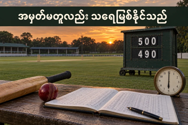 ခရစ်ကက် bat၊ အနီရောင်ဘောလုံး၊ နာရီနှင့် 500၊ 490 အမှတ်ပါသော စိတ်ကူးပြကွက်